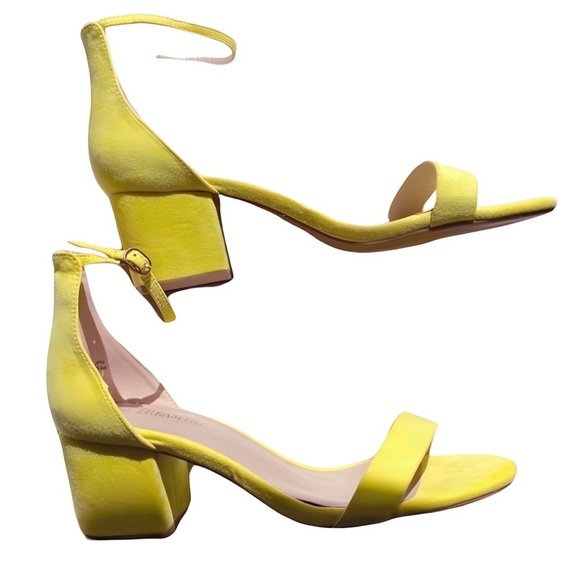 Neon Yellow Open Toe Ankle Strap Low Block Chunky Heels - Size 9.5 by DREAMPAIR‎ - Picture 1 of 6